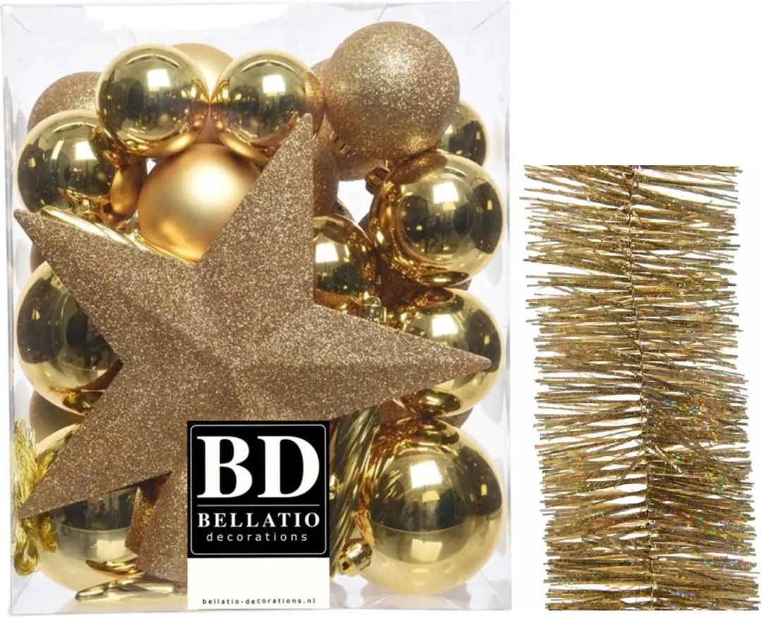 Kerstversiering kunststof kerstballen 5-6-8 cm met ster piek en glitter slingers