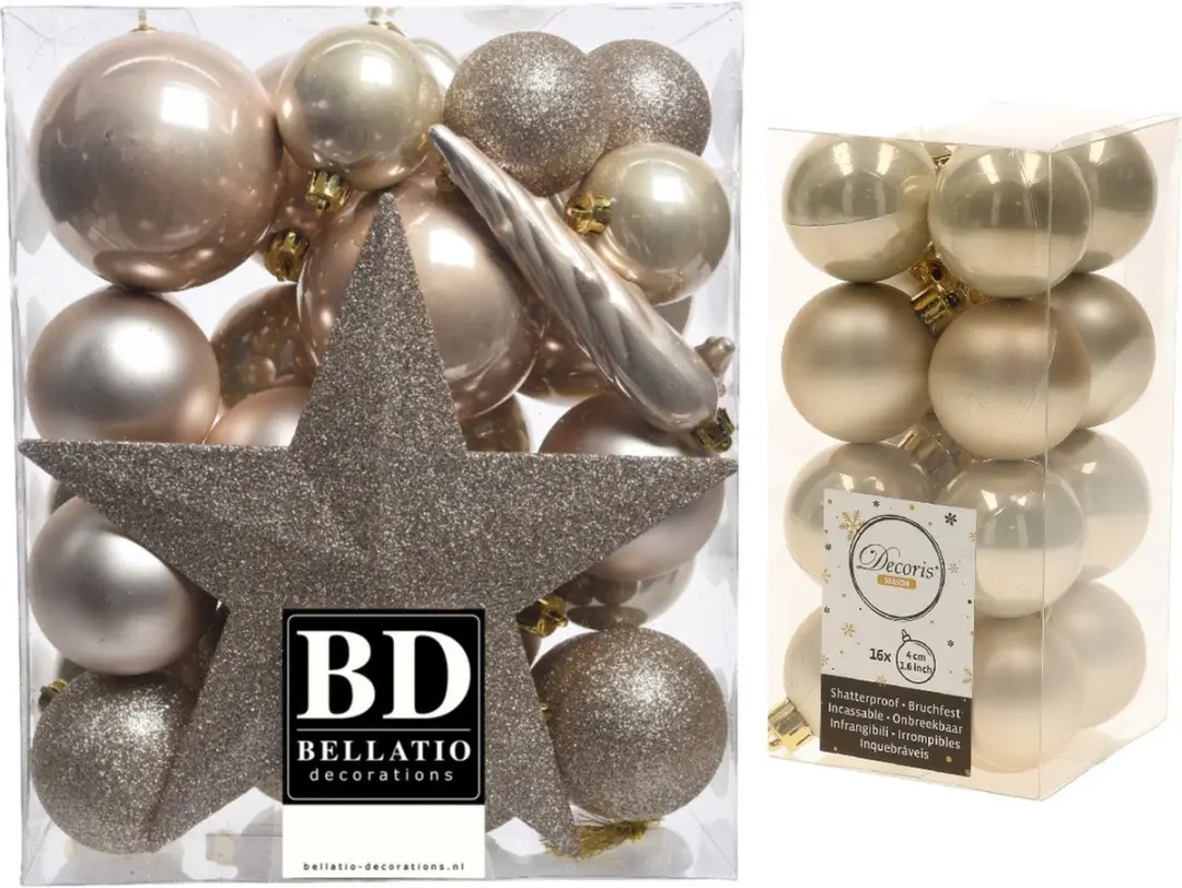 Kerstversiering kunststof kerstballen parel/champagne 4-5-6-8 cm pakket van 49x