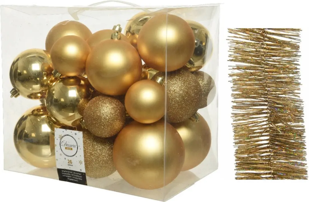 Kerstversiering kunststof kerstballen 6-8-10 cm met glitter folieslingers pakket