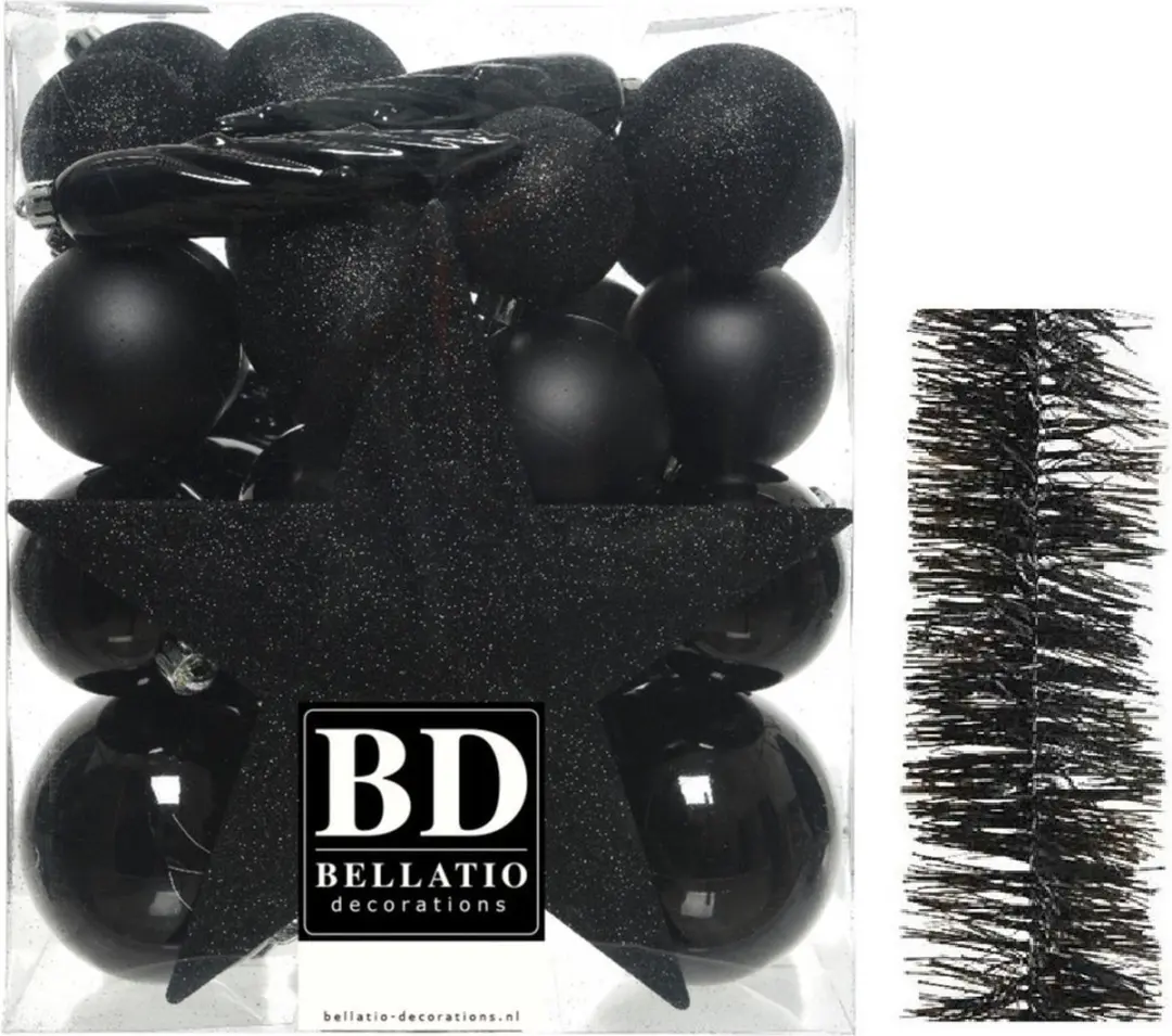 Kerstballen 5-6-8 cm 32x st met ster piek en slingers zwart