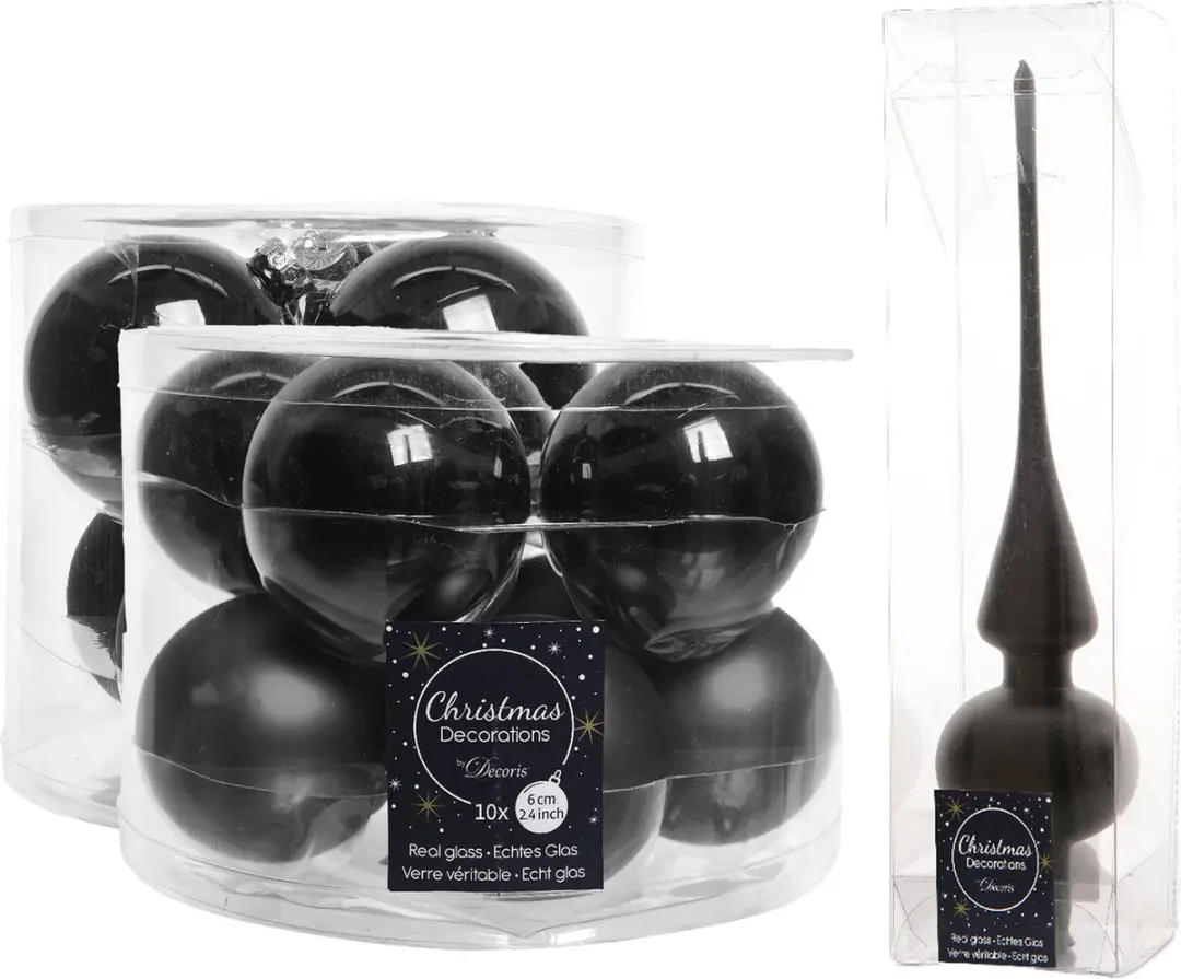 Compleet glazen kerstballen pakket zwart glans/mat 32x stuks met piek mat