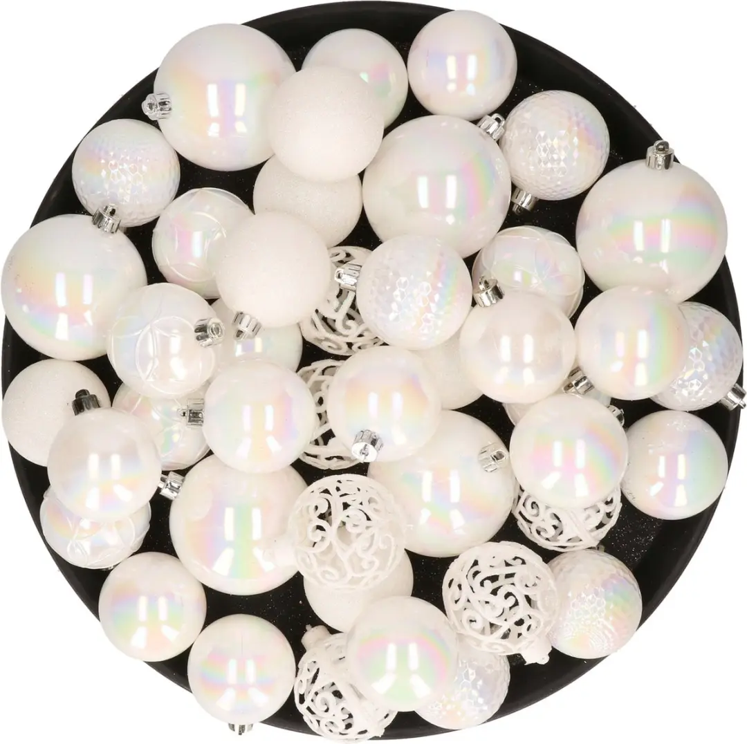 Kerstversiering kunststof kerstballen parelmoer wit 4-6 cm pakket van 53x stuks