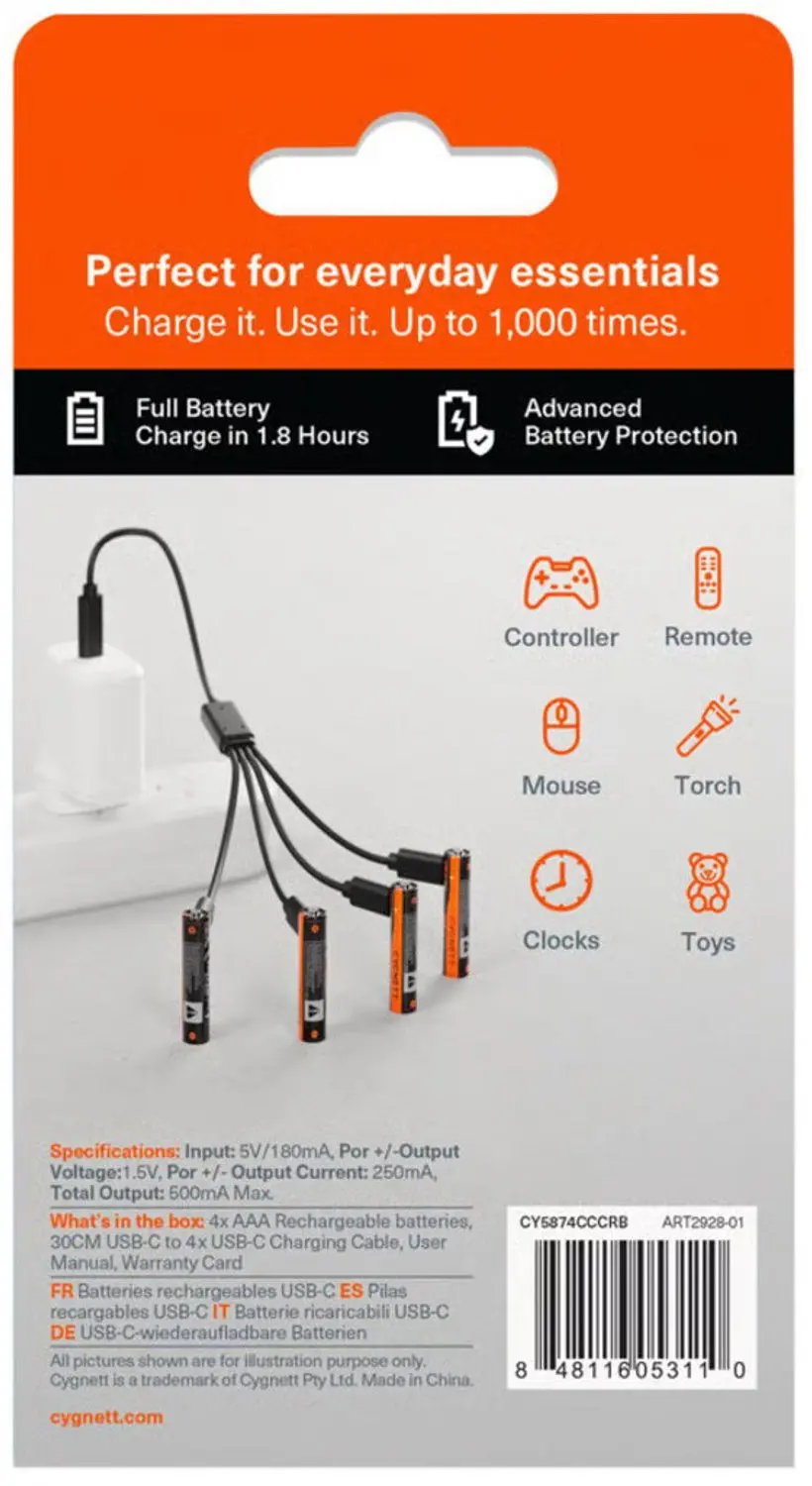 Cygnett AAA USB-C Oplaadbare Batterijen