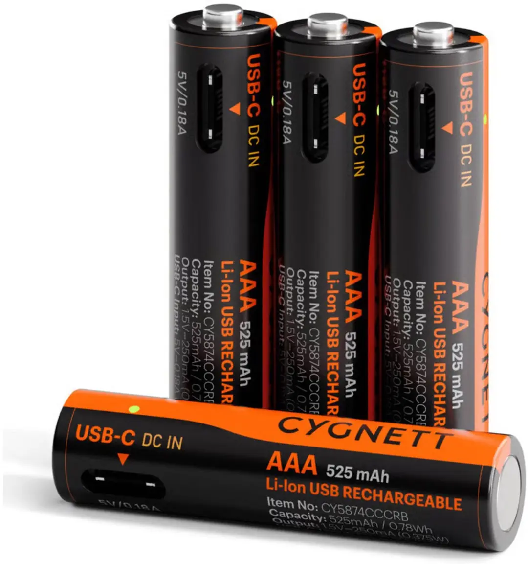 Cygnett AAA USB-C Oplaadbare Batterijen - 4 Pack - Zwart - afbeelding 2 van 6
