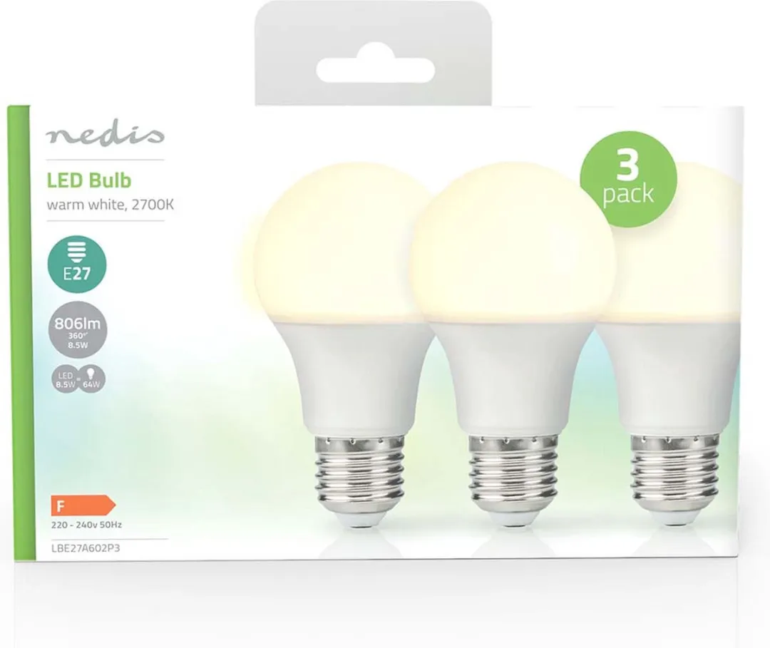 Nedis LED E27 A60 8W Warm Wit Mat - 3 Stuks