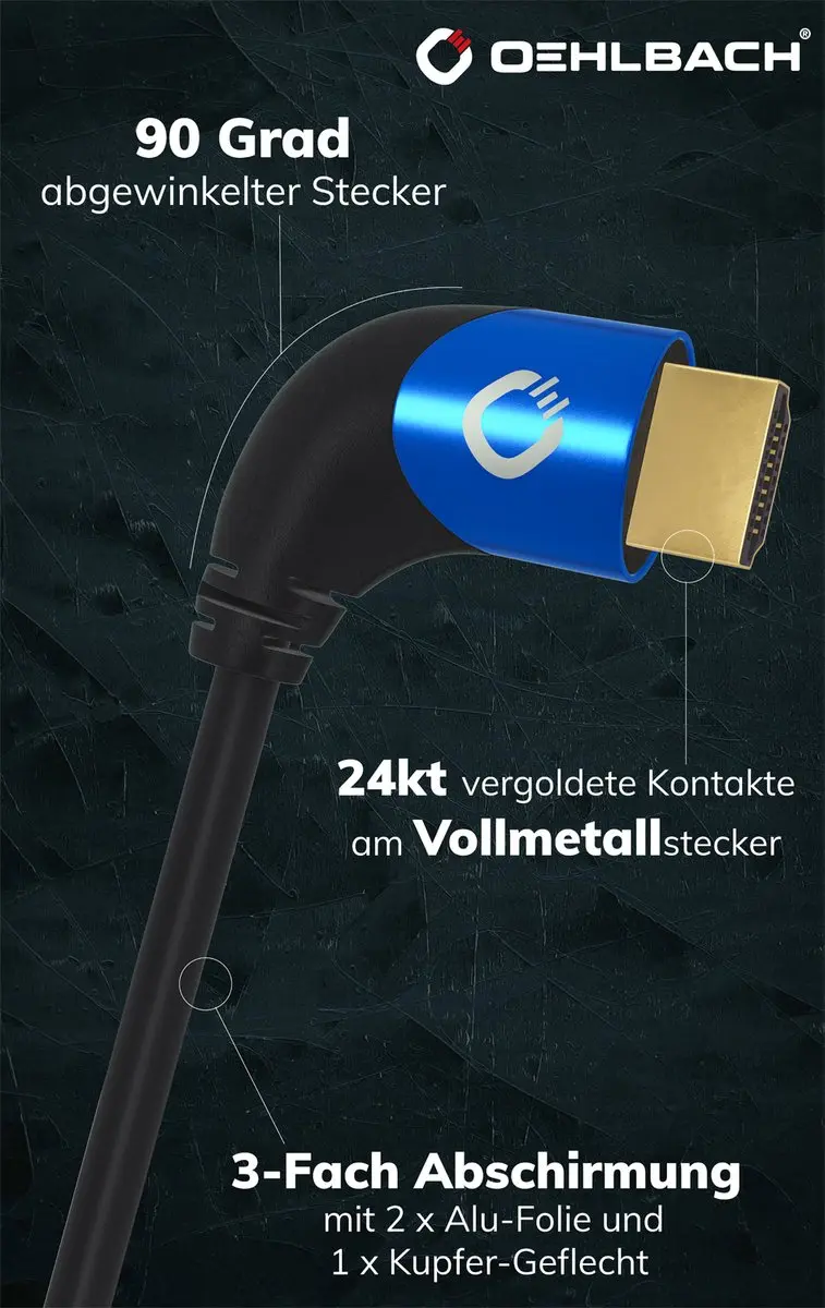 Oehlbach D1C42542 HDMI-kabel 2m 90° - Zwart - afbeelding 3 van 6
