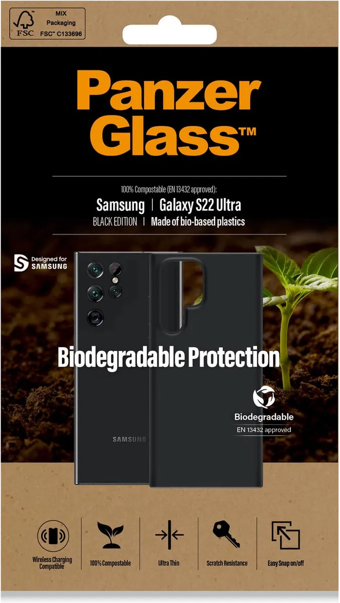 PanzerGlass Biodegradable Hoesje Samsung Galaxy S22 Ultra - Zwart