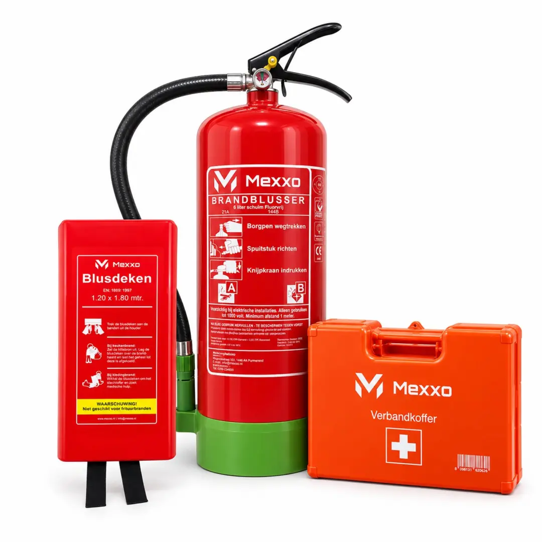 Schuimblusser PFAS vrij 6 liter AB & Blusdeken 120 x 180cm & Verbandkoffer BHV