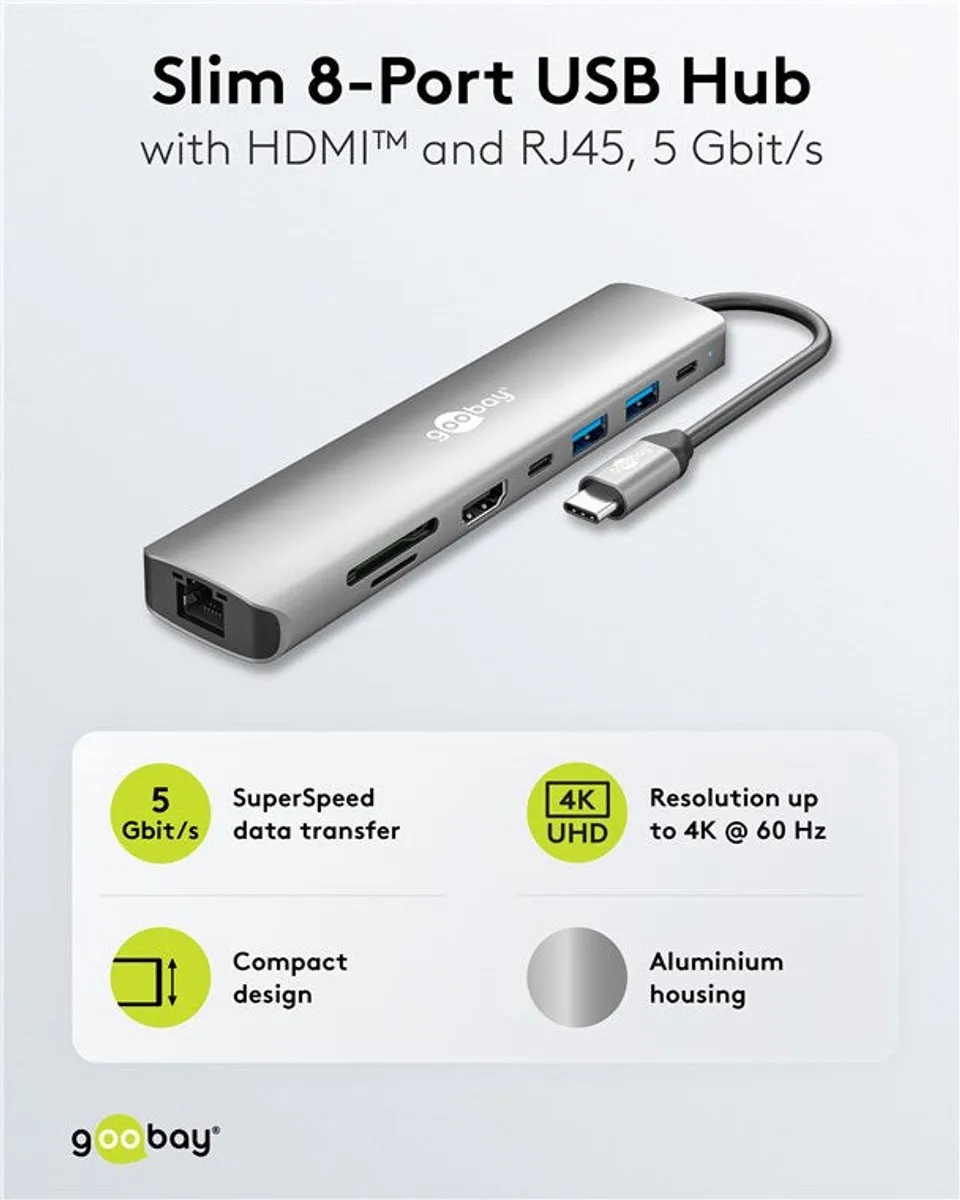 Goobay 79146 USB-C Hub 8-in-1 - Grijs