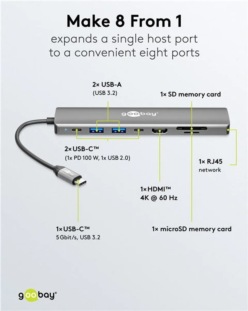 Goobay 79146 USB-C Hub 8-in-1 - Grijs