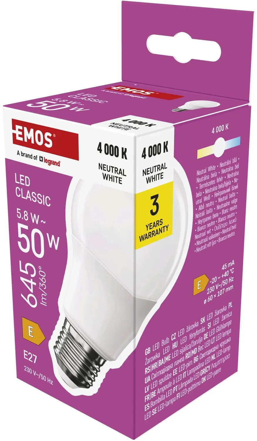 EMOS LED-lamp Classic A60 / E27 / 5,8 W (50 W) / 645 lm / neutraal wit, ZQ5E33