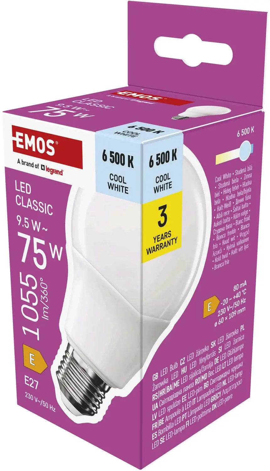 EMOS LED-lamp Classic A60 / E27 / 9,5 W (75 W) / 1055 lm / koudwit, ZQ5E54
