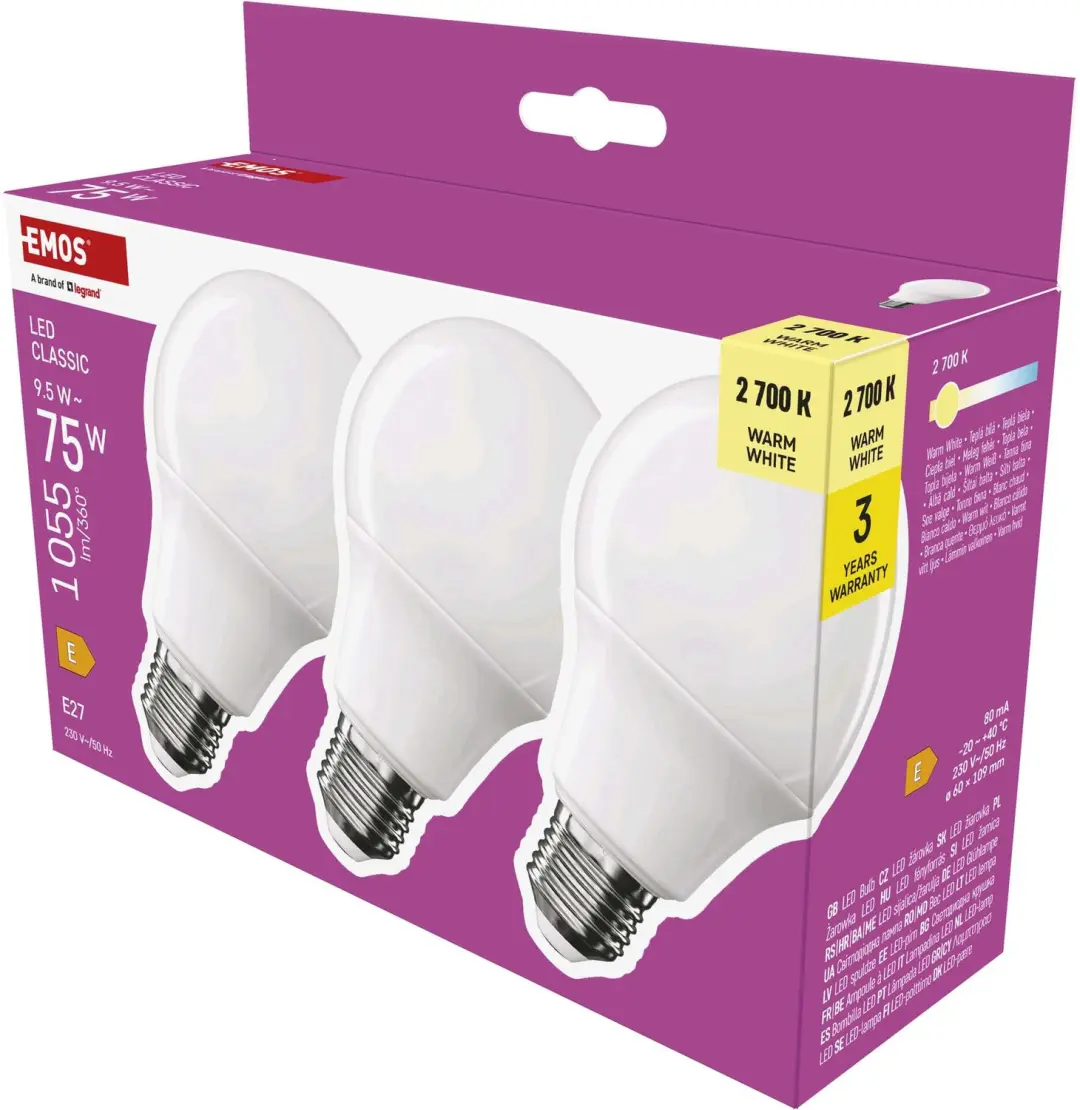 EMOS LED-lamp Classic A60 / E27 / 9,5 W (75 W) / 1055 lm / warmwit / 3 stuks, ZQ