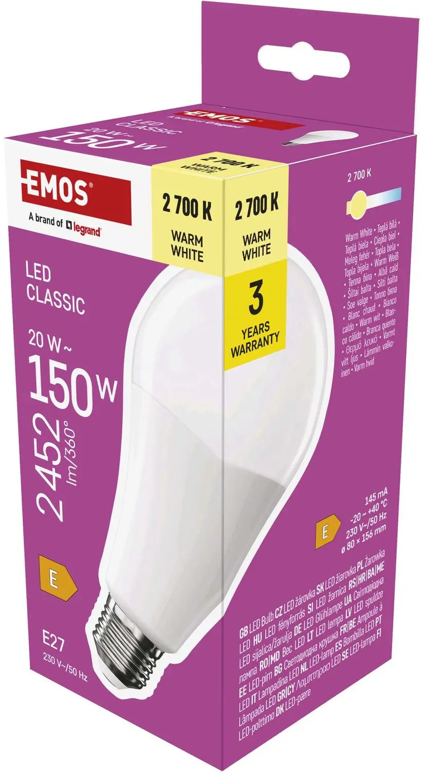 EMOS LED-lamp Classic A80 / E27 / 20 W (150 W) / 2452 lm / warm wit, ZQ5E81