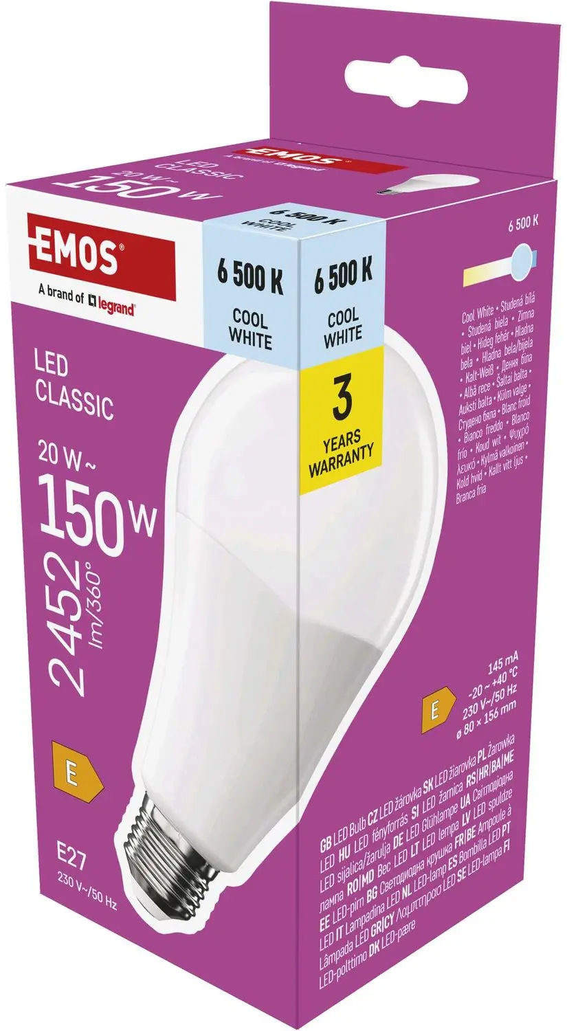 EMOS LED-lamp Classic A80 / E27 / 20 W (150 W) / 2452 lm / koudwit, ZQ5E84