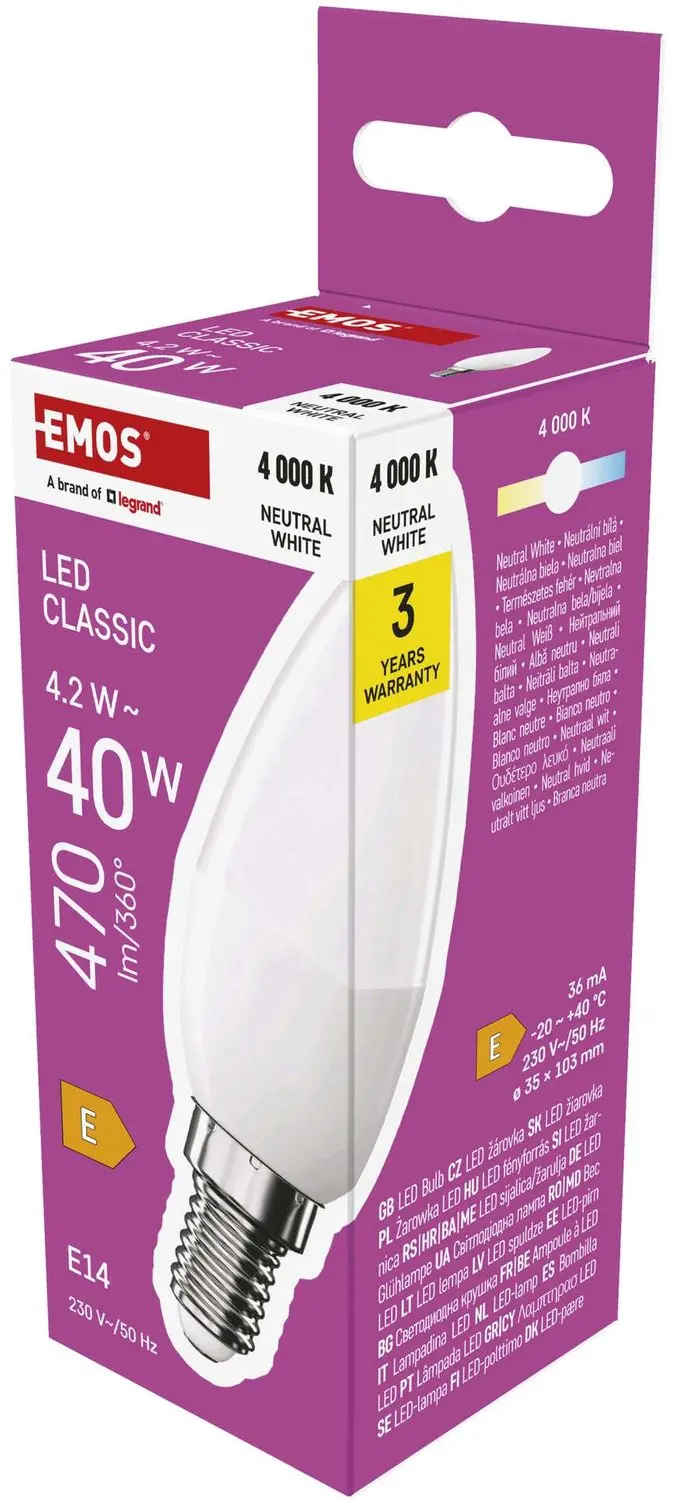 EMOS LED-lamp Classic kaarsvorm / E14 / 4,2 W (40 W) / 470 lm / neutraal wit, ZQ