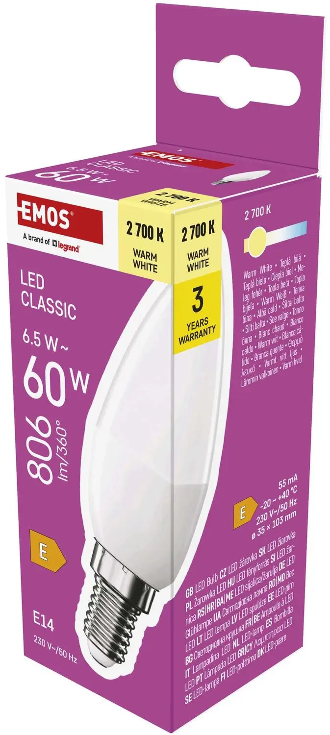 EMOS LED-lamp Classic kaarsvorm / E14 / 6,5 W (60 W) / 806 lm / warm wit, ZQ3E41