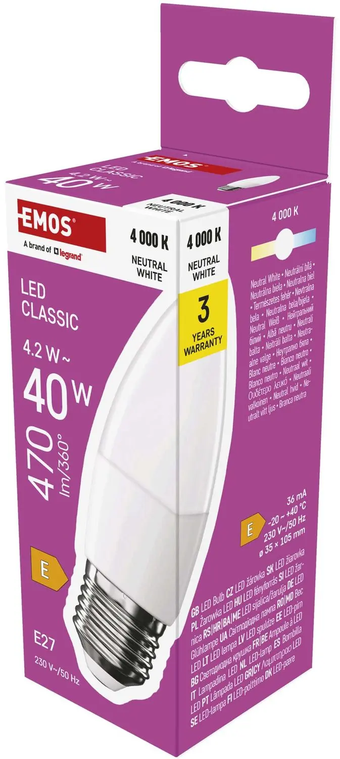 EMOS LED-lamp Classic kaarsvorm / E27 / 4,2 W (40 W) / 470 lm / neutraal wit, ZQ
