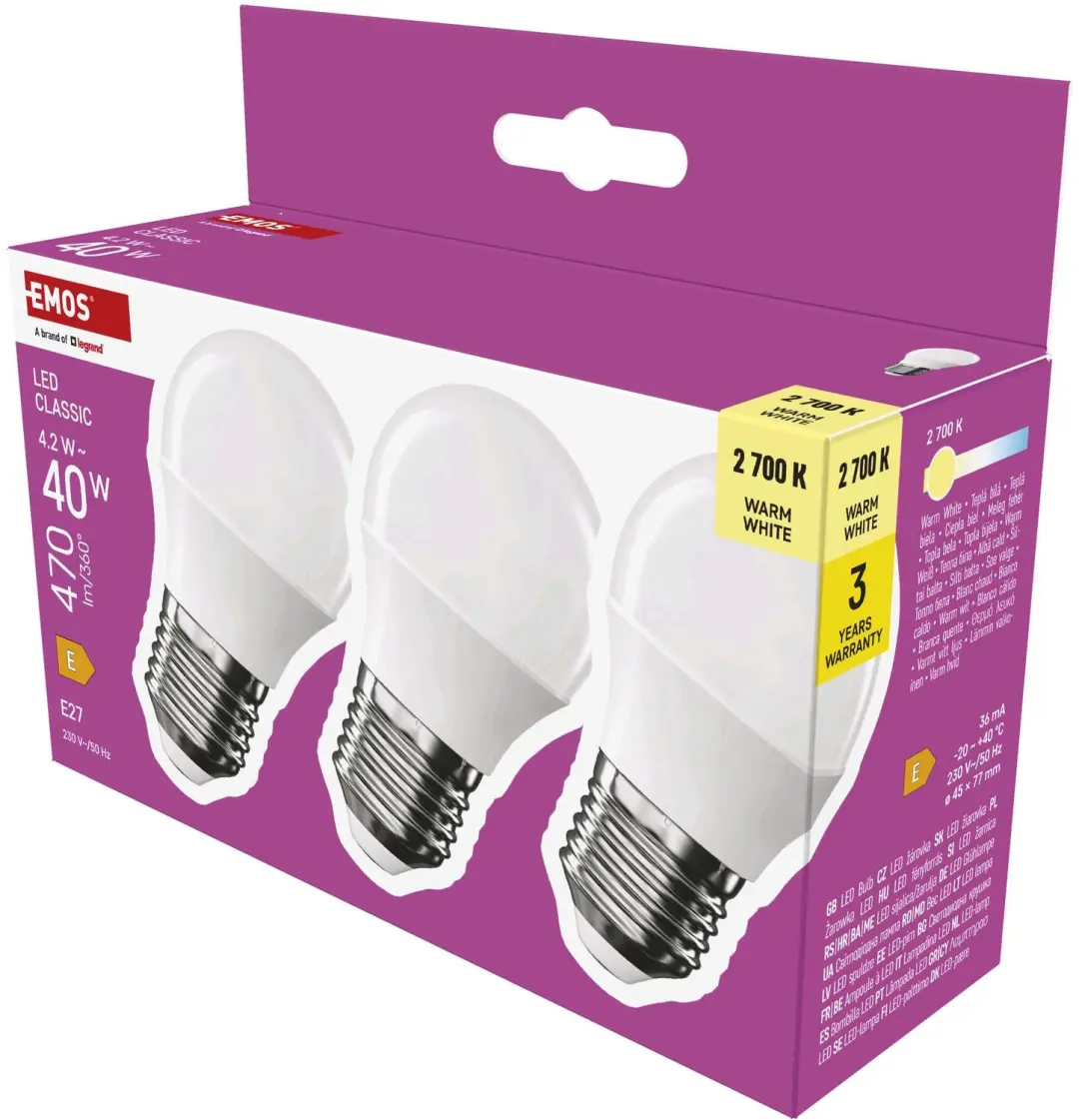 EMOS LED-lamp Classic Mini Globe / E27 / 4,2 W (40 W) / 470 lm / warm wit / 3 st