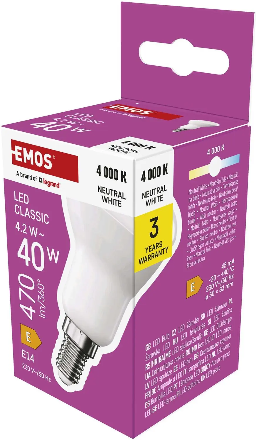 EMOS LED-lamp Classic R50 / E14 / 4,2 W (40 W) / 470 lm / neutraal wit, ZQ7E23