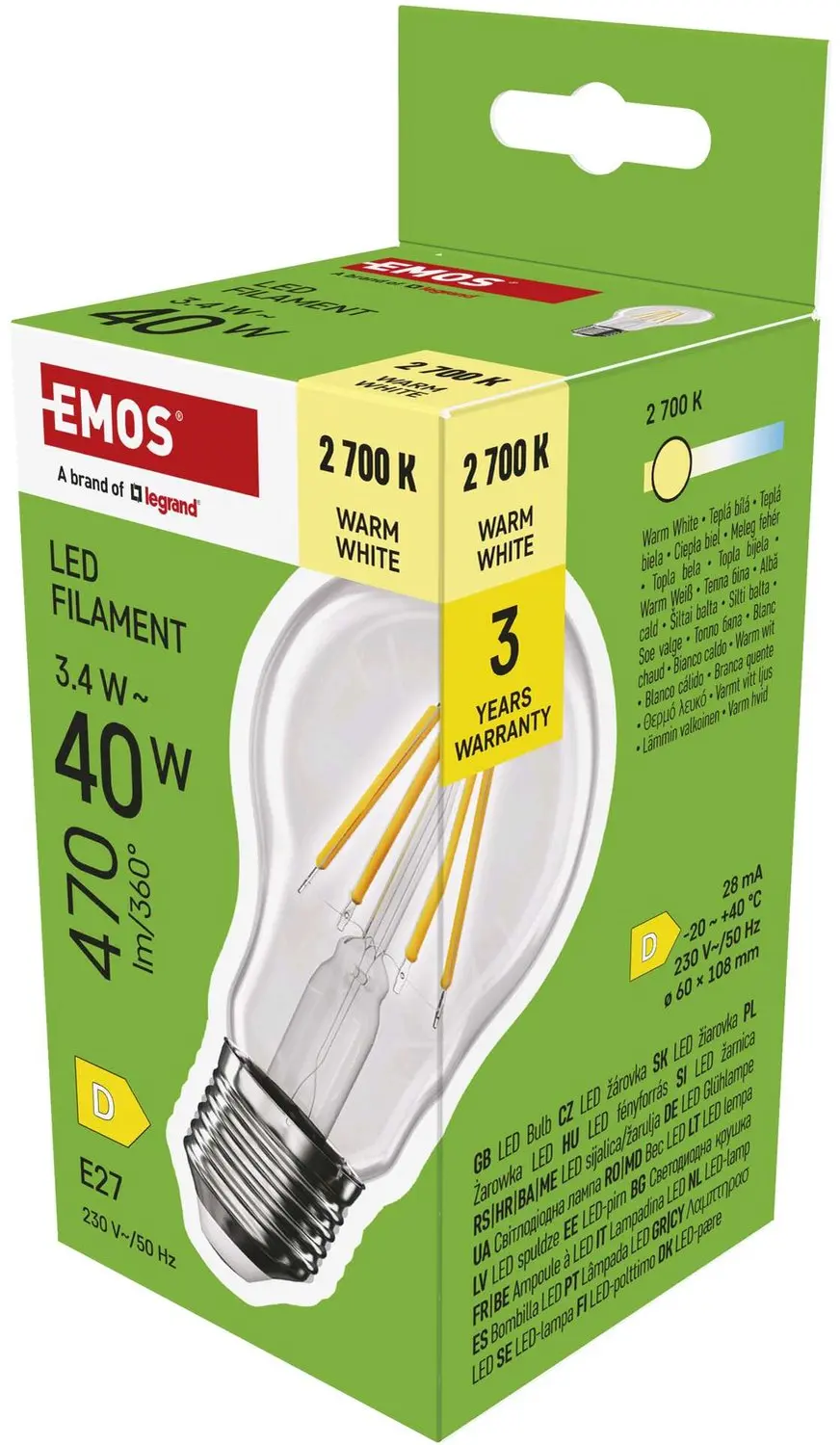 EMOS LED-lamp Filament A60 / E27 / 3,4 W (40 W) / 470 lm / warmwit, ZF5D22