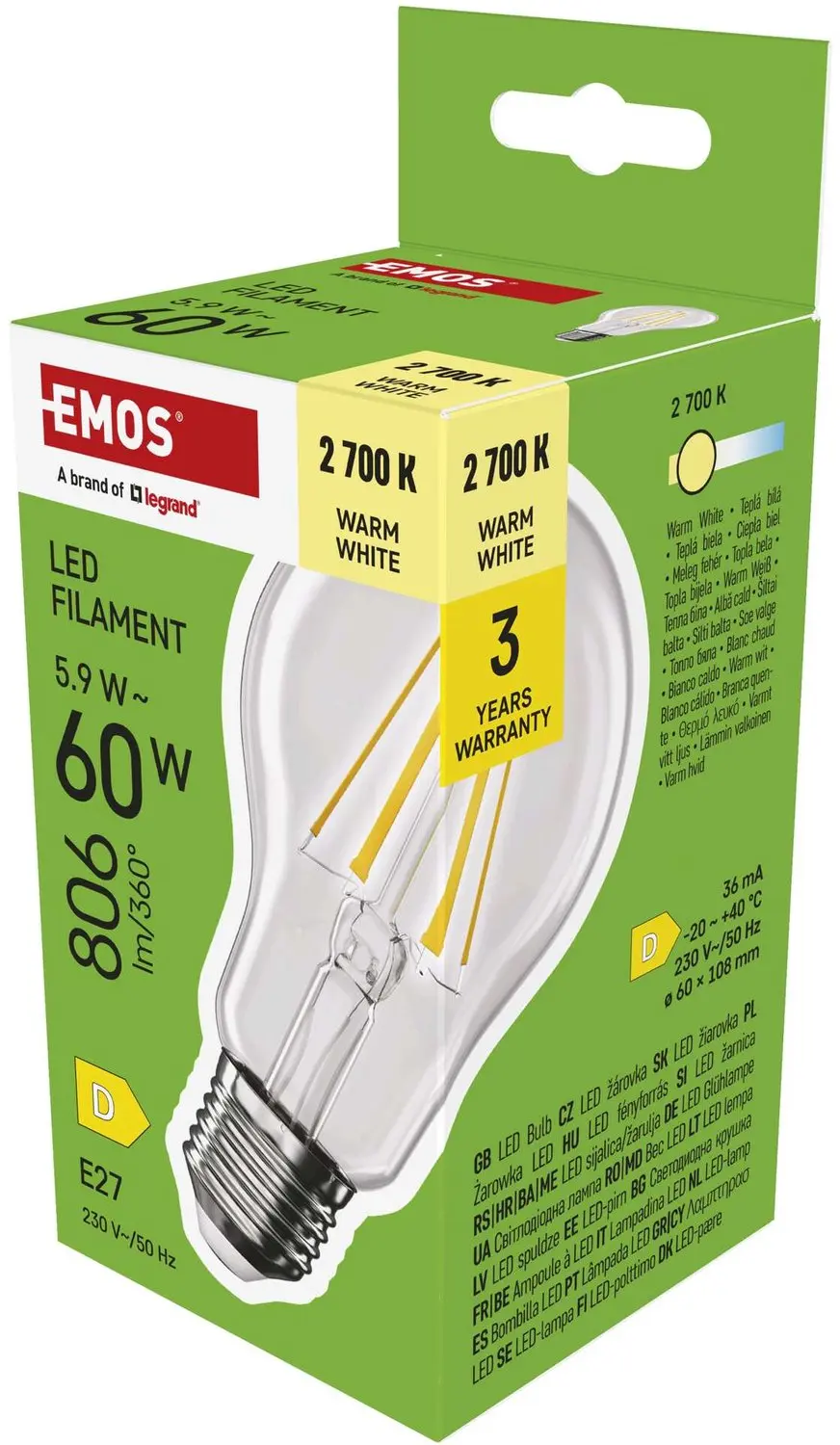 EMOS LED-lamp Filament A60 / E27 / 5,9 W (60 W) / 806 lm / warmwit, ZF5D42