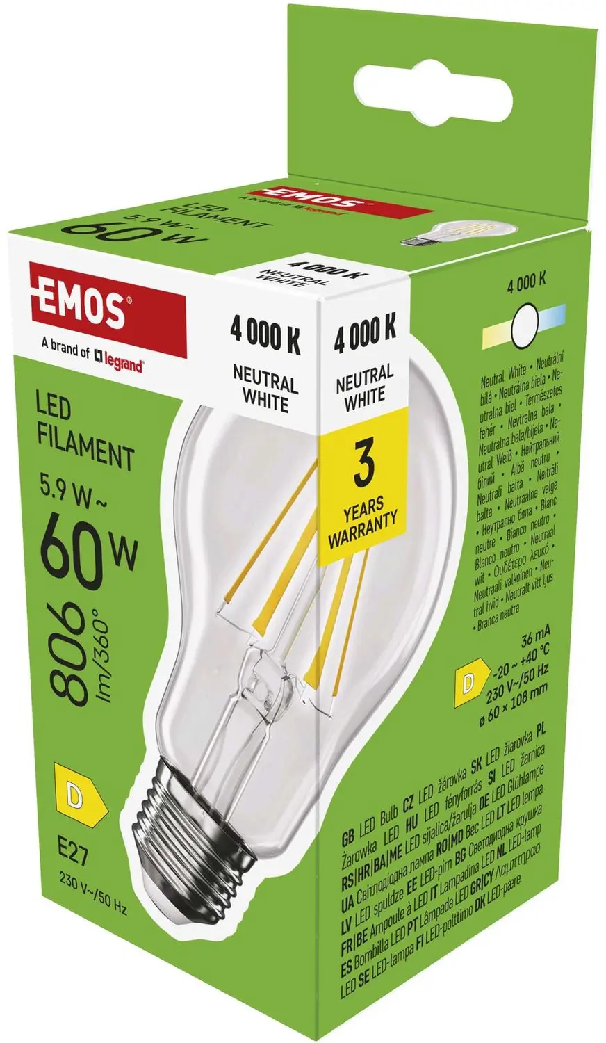 EMOS LED-lamp Filament A60 / E27 / 5,9 W (60 W) / 806 lm / neutraal wit, ZF5D43