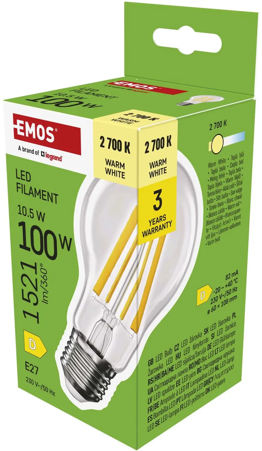 EMOS LED-lamp Filament A60 / E27 / 10,5 W (100 W) / 1521 lm / warmwit, ZF5D62