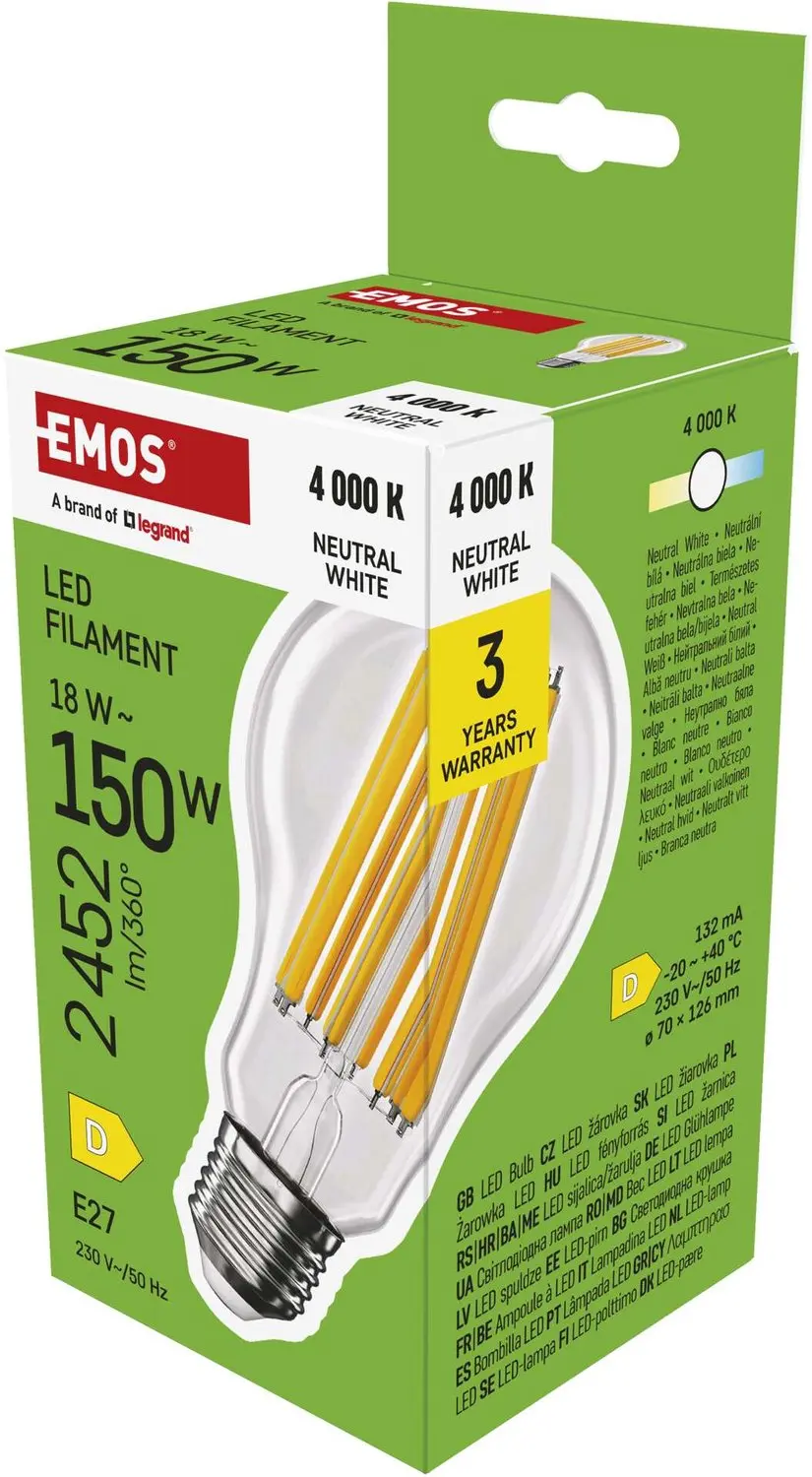 EMOS LED-lamp Filament A70 / E27 / 18 W (150 W) / 2452 lm / neutraal wit, ZF5D83