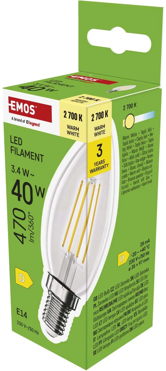 EMOS LED-lamp Filament kaarsvormig / E14 / 3,4 W (40 W) / 470 lm / warm wit, ZF3