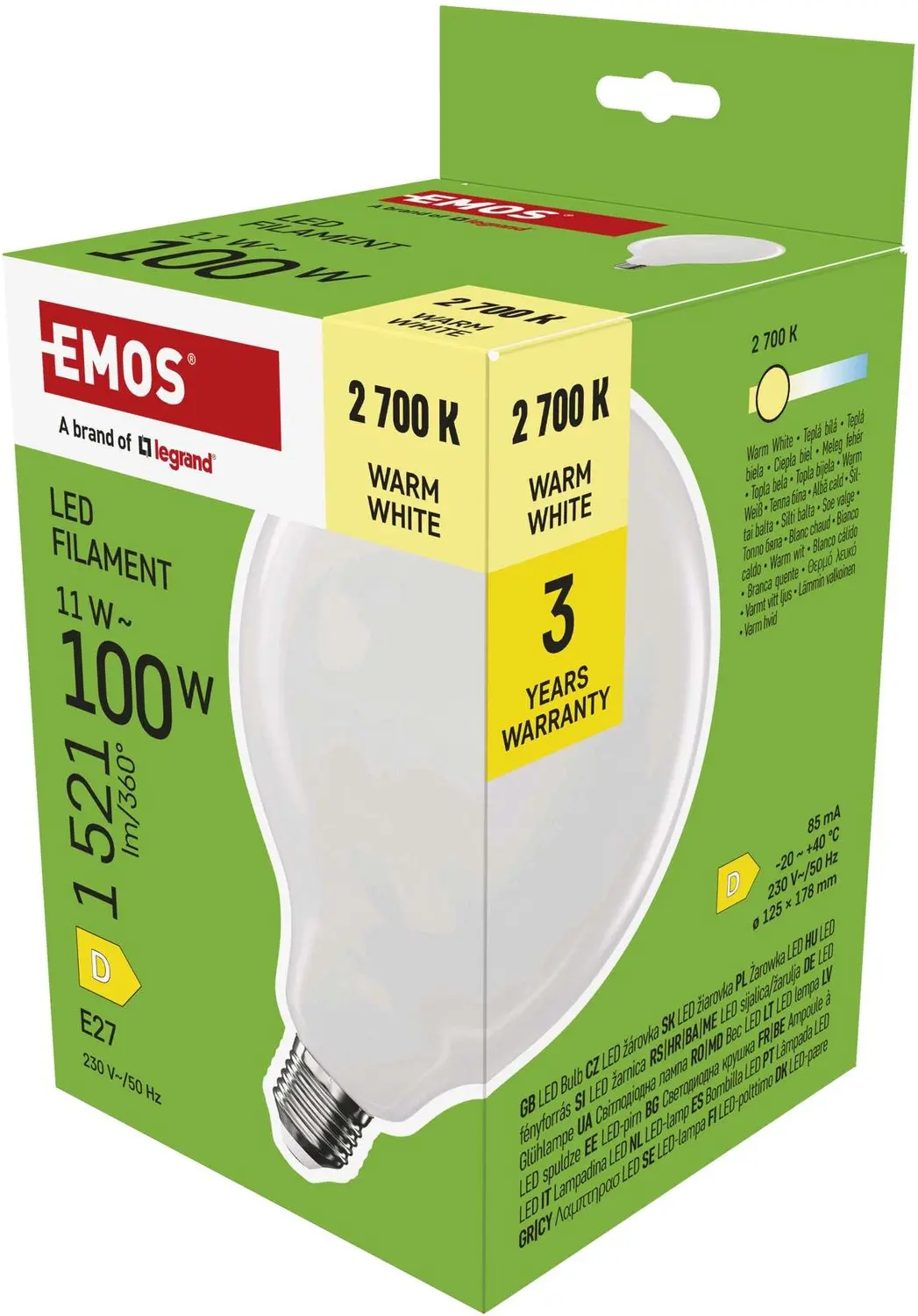 EMOS LED-lamp Filament G125 / E27 / 11 W (100 W) / 1521 lm / warmwit, ZF2D62