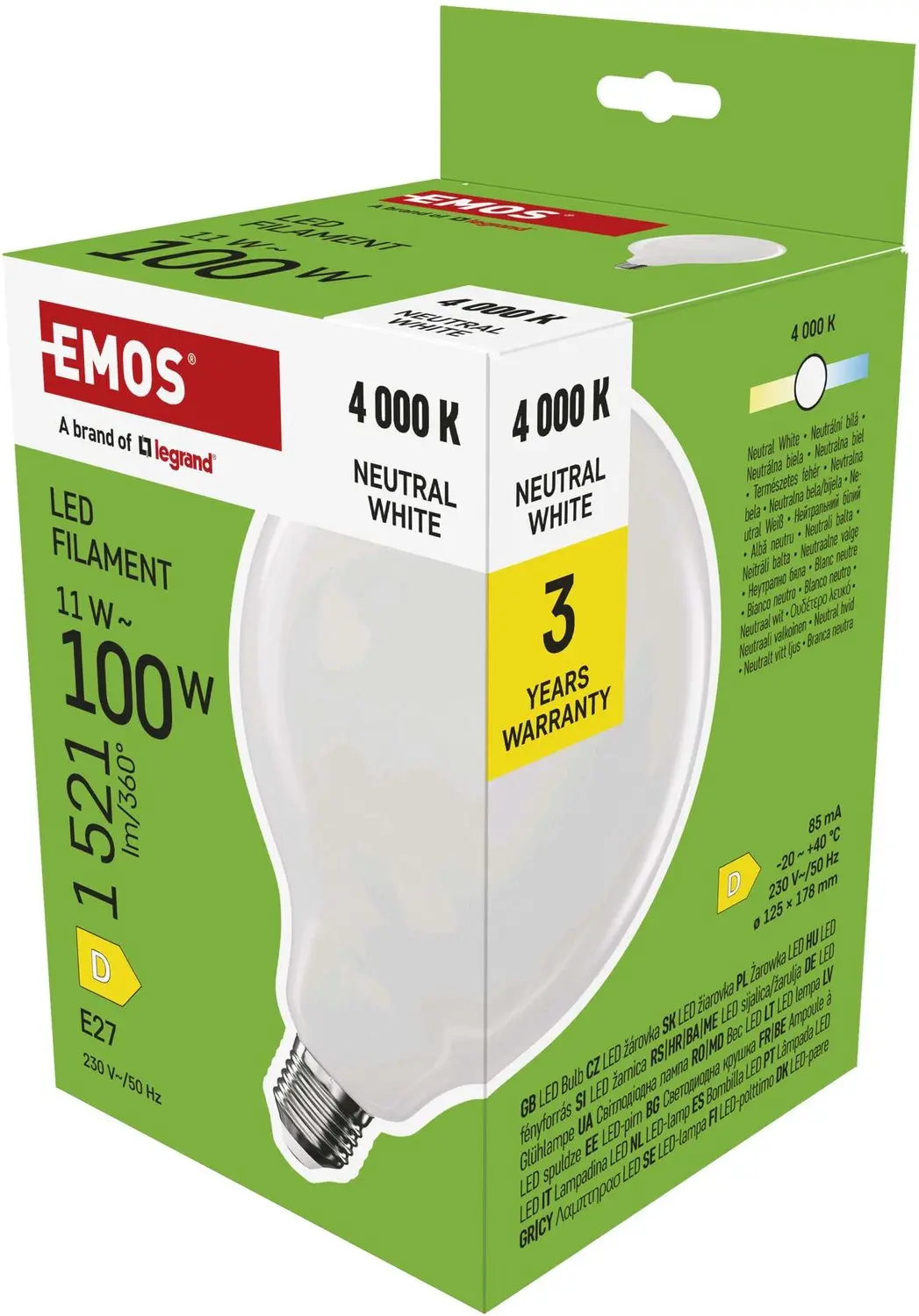 EMOS LED-lamp Filament G125 / E27 / 11 W (100 W) / 1521 lm / neutraal wit, ZF2D6