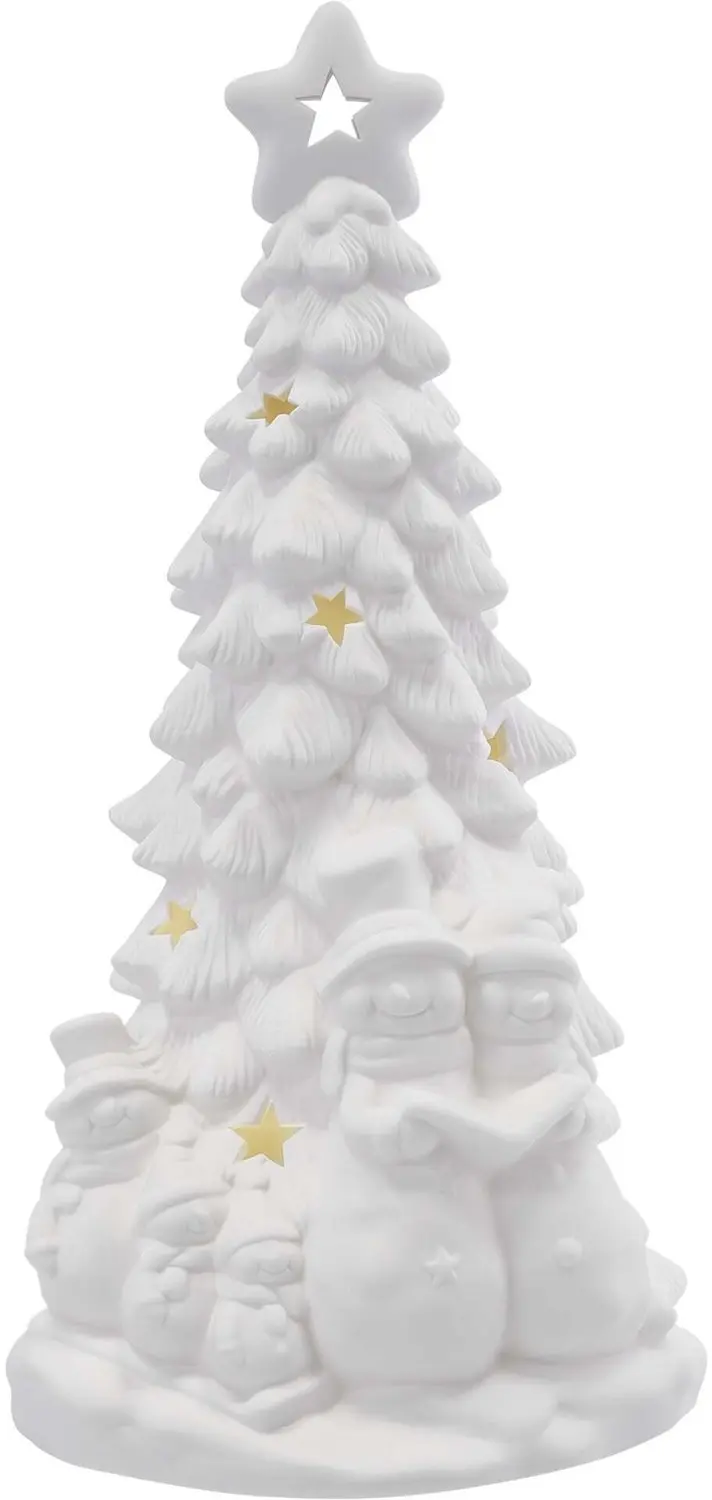 EMOS LED-keramische kerstboom met sneeuwpoppen, 33,5 cm, 2x AA, voor binnenshuis
