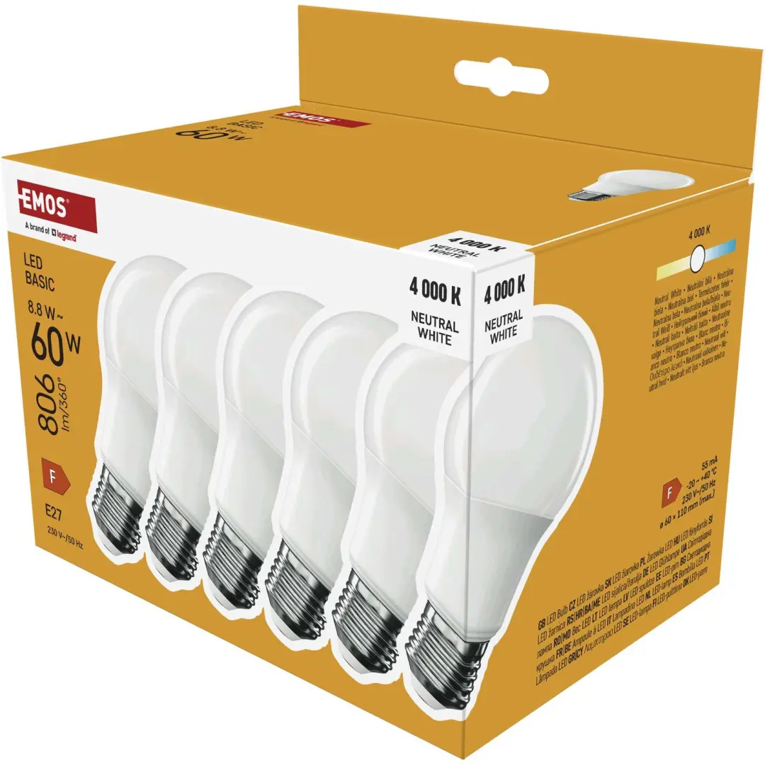 EMOS LED-lamp Basic A60 / E27 / 8,8 W (60 W) / 806 lm / neutraal wit / 6 stuks,