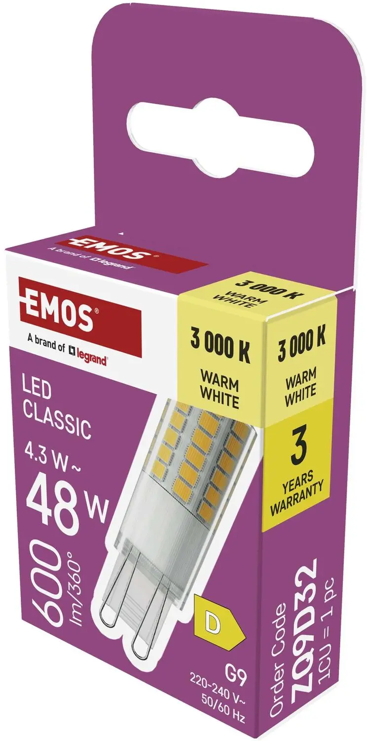 EMOS LED-lamp Classic JC / G9 / 4,3 W (48 W) / 600 lm / warmwit, ZQ9D32