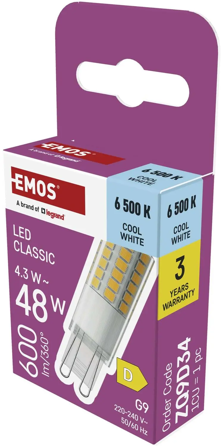 EMOS LED-lamp Classic JC / G9 / 4,3 W (48 W) / 600 lm / Koudwit, ZQ9D34