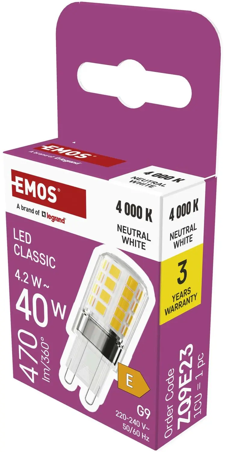 EMOS LED-lamp Classic JC / G9 / 4,2 W (40 W) / 470 lm / neutraal wit , ZQ9E23