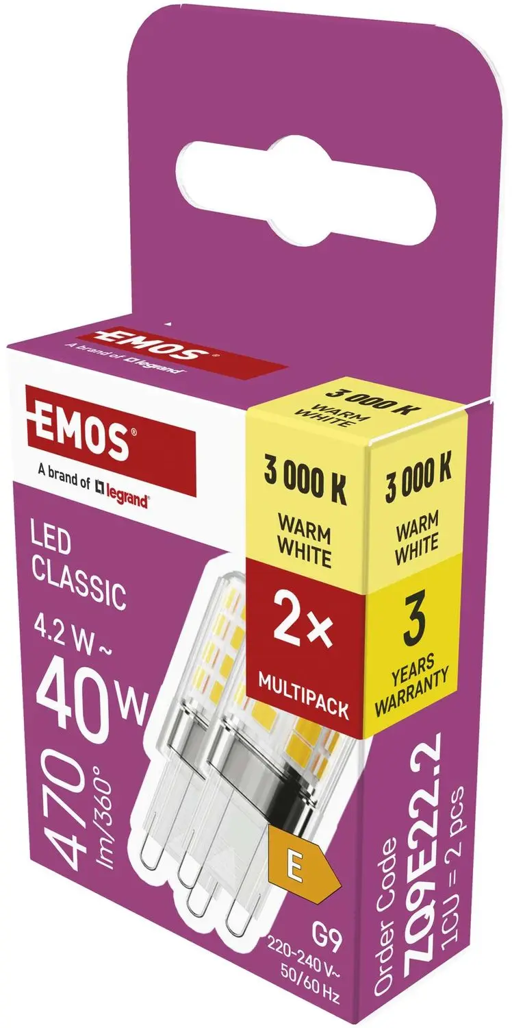 EMOS LED-lamp Classic JC / G9 / 4,2 W (40 W) / 470 lm / warm wit / 2 stuks, ZQ9E
