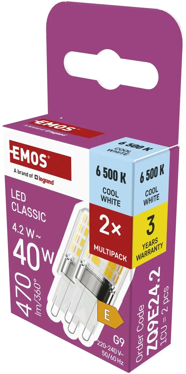 EMOS LED-lamp Classic JC / G9 / 4,2 W (40 W) / 470 lm / koudwit / 2 stuks, ZQ9E2
