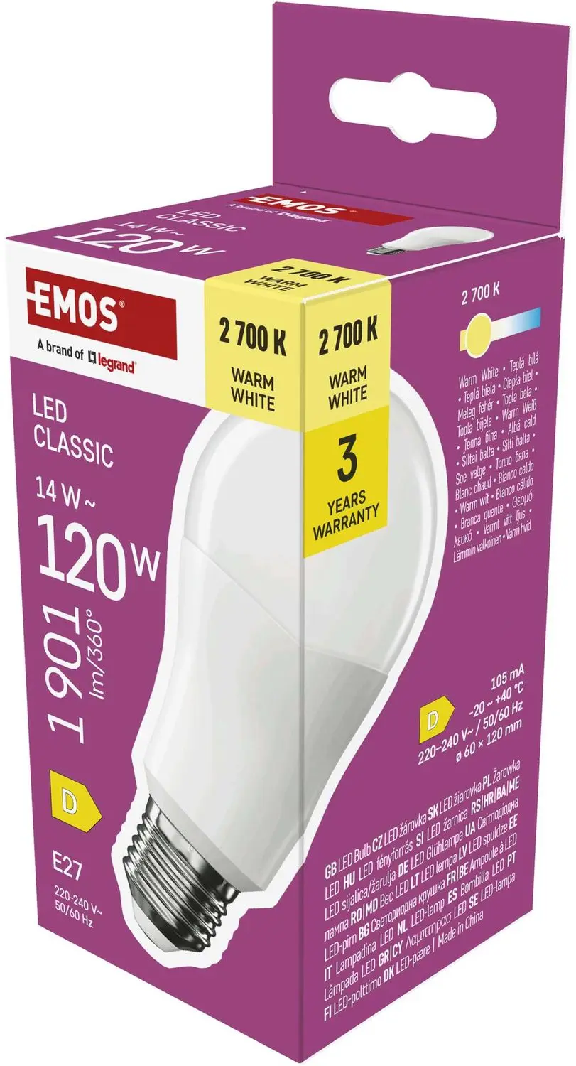 EMOS LED-lamp Classic A60 / E27 / 14 W (120 W) / 1901 lm / warm wit, ZQ5D75