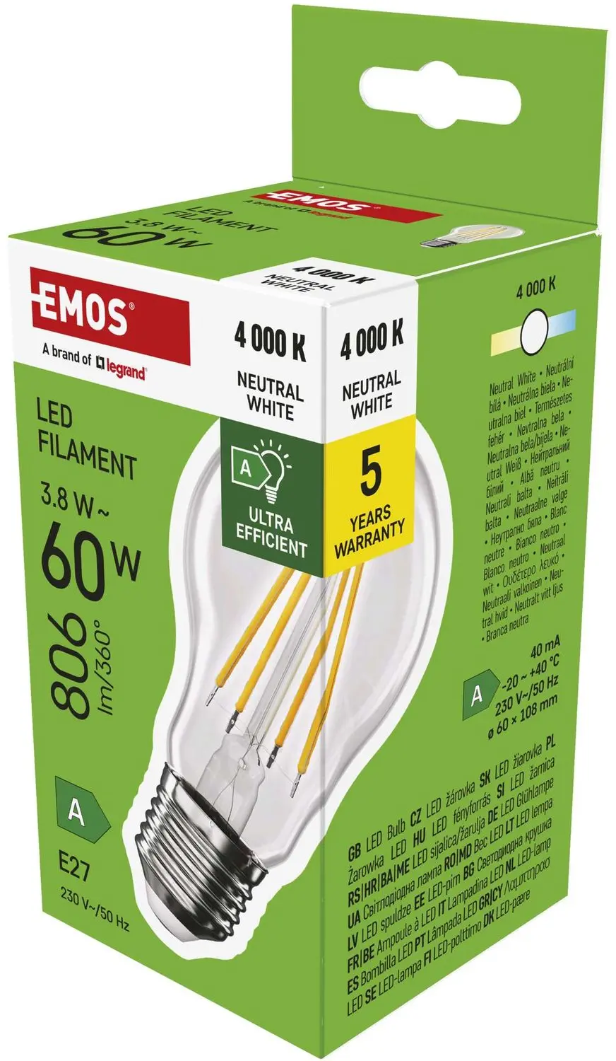 EMOS LED-lamp Filament A60 A-klasse / E27 / 3,8 W (60 W) / 806 lm / neutraal wit