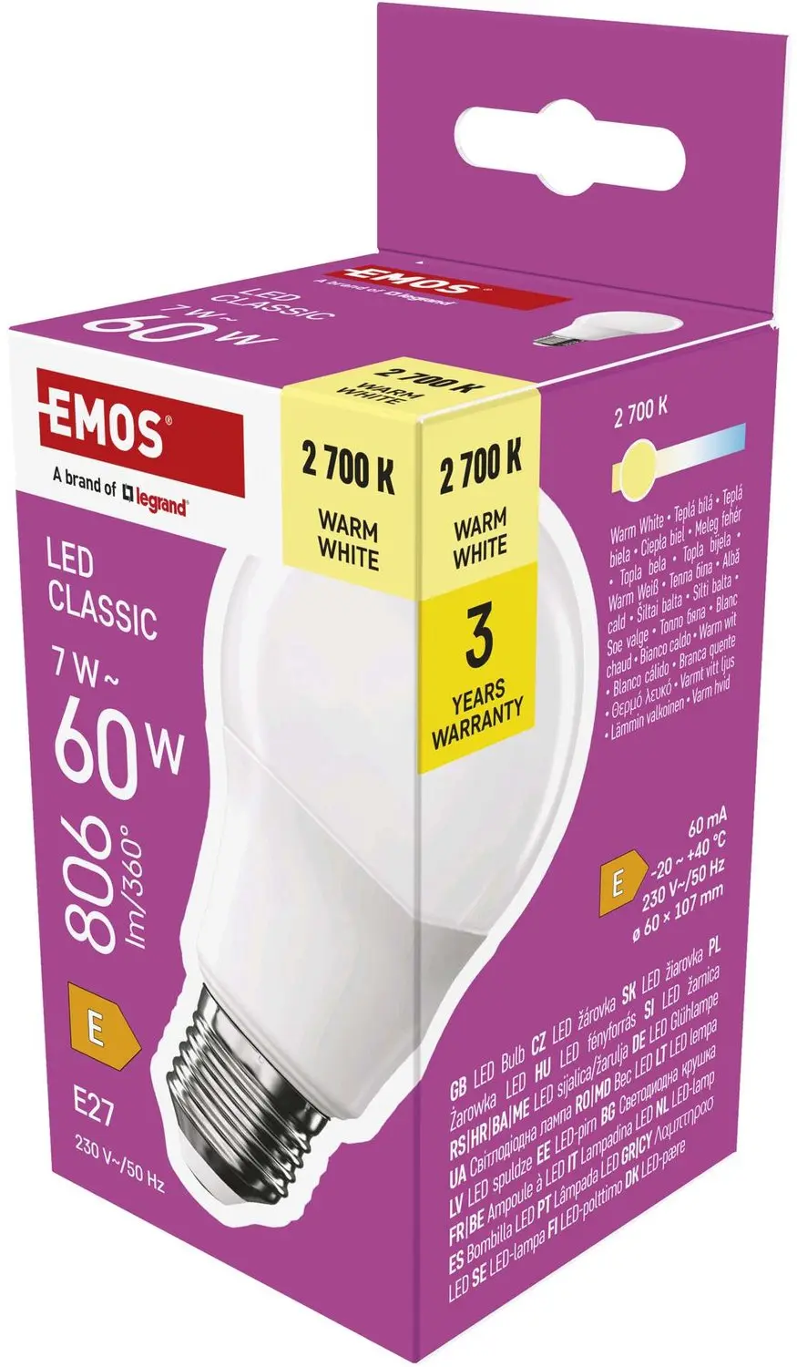 EMOS LED-lamp Classic A60 / E27 / 7 W (60 W) / 806 lm / warmwit, ZQ5E41