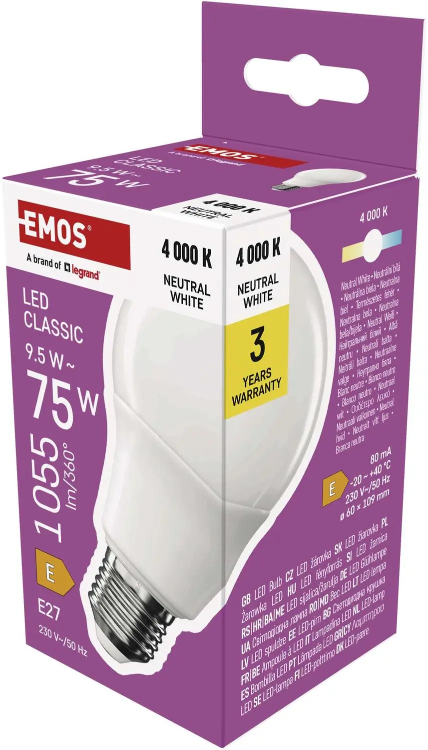 EMOS LED-lamp Classic A60 / E27 / 9,5 W (75 W) / 1055 lm / neutraal wit, ZQ5E53