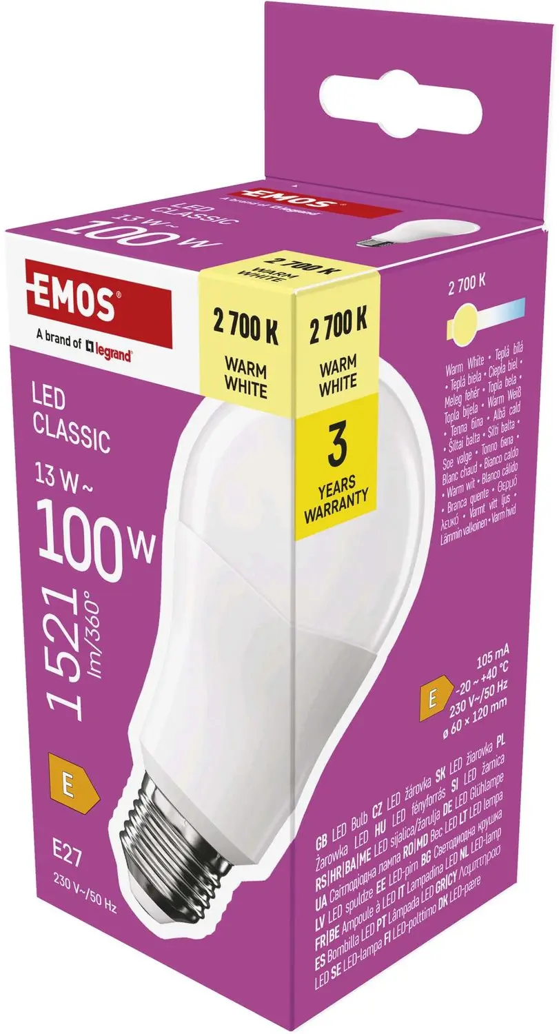 EMOS LED-lamp Classic A60 / E27 / 13 W (100 W) / 1521 lm / warmwit, ZQ5E61