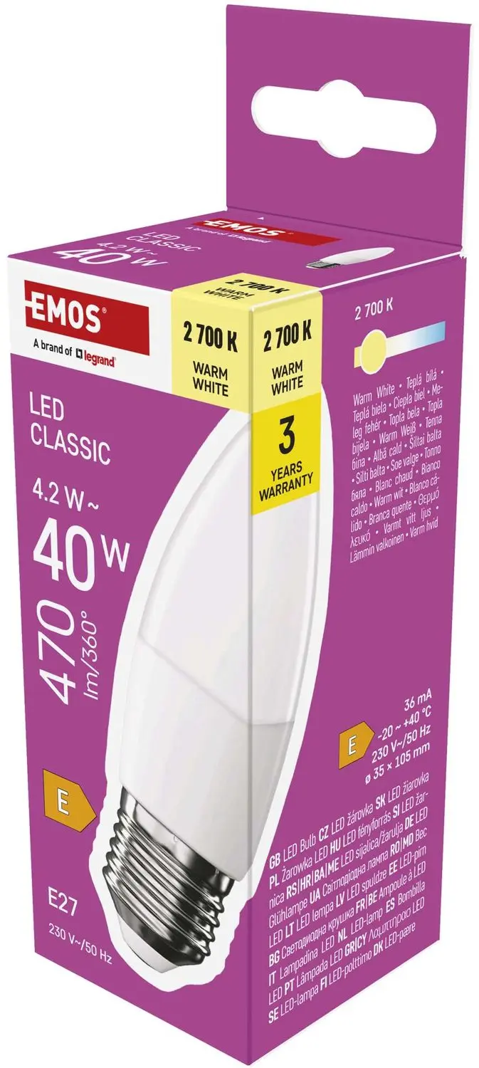 EMOS LED-lamp Classic kaarsvorm / E27 / 4,2 W (40 W) / 470 lm / warm wit, ZQ4E21