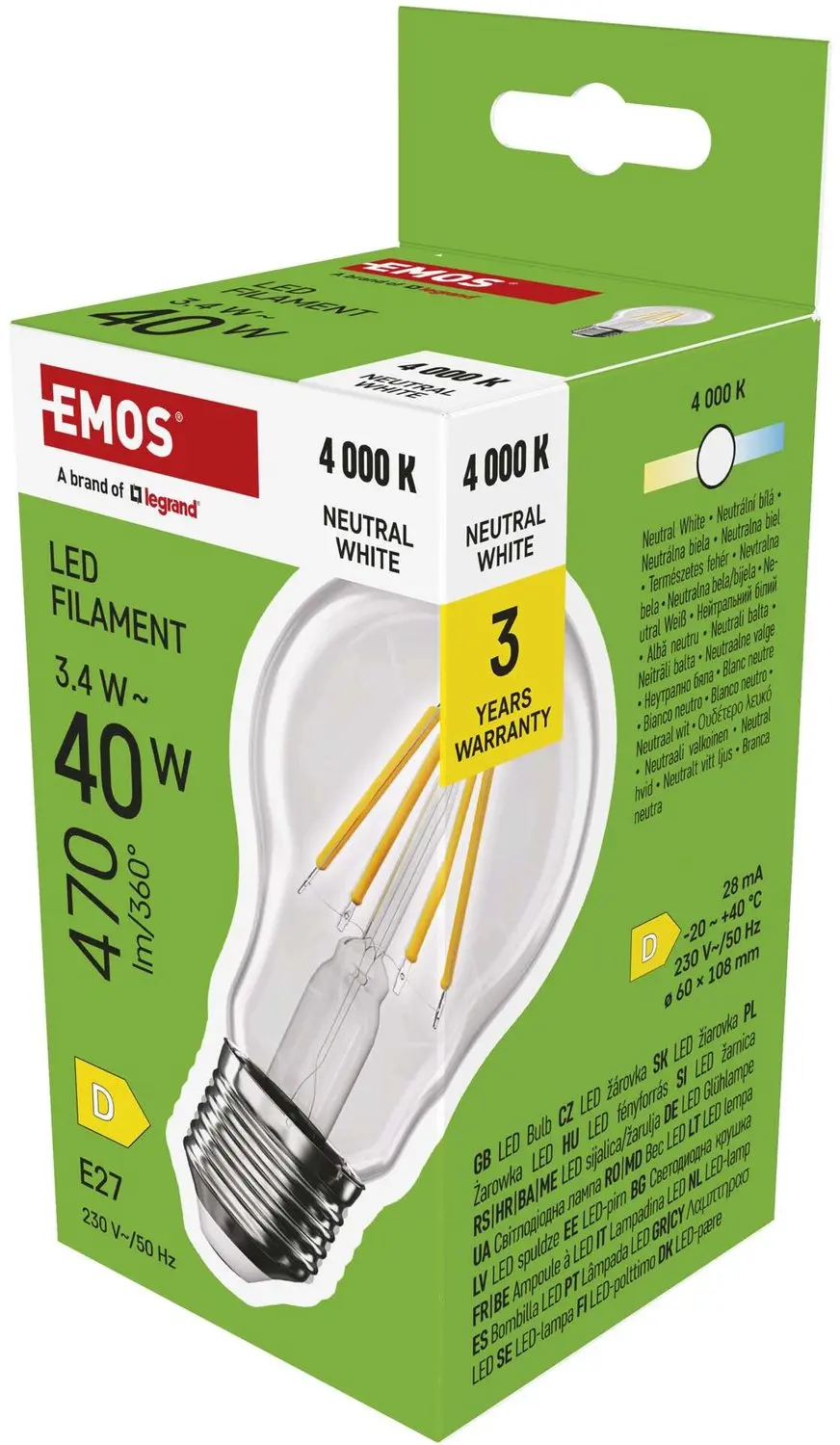 EMOS LED-lamp Filament A60 / E27 / 3,4 W (40 W) / 470 lm / neutraal wit, ZF5D23