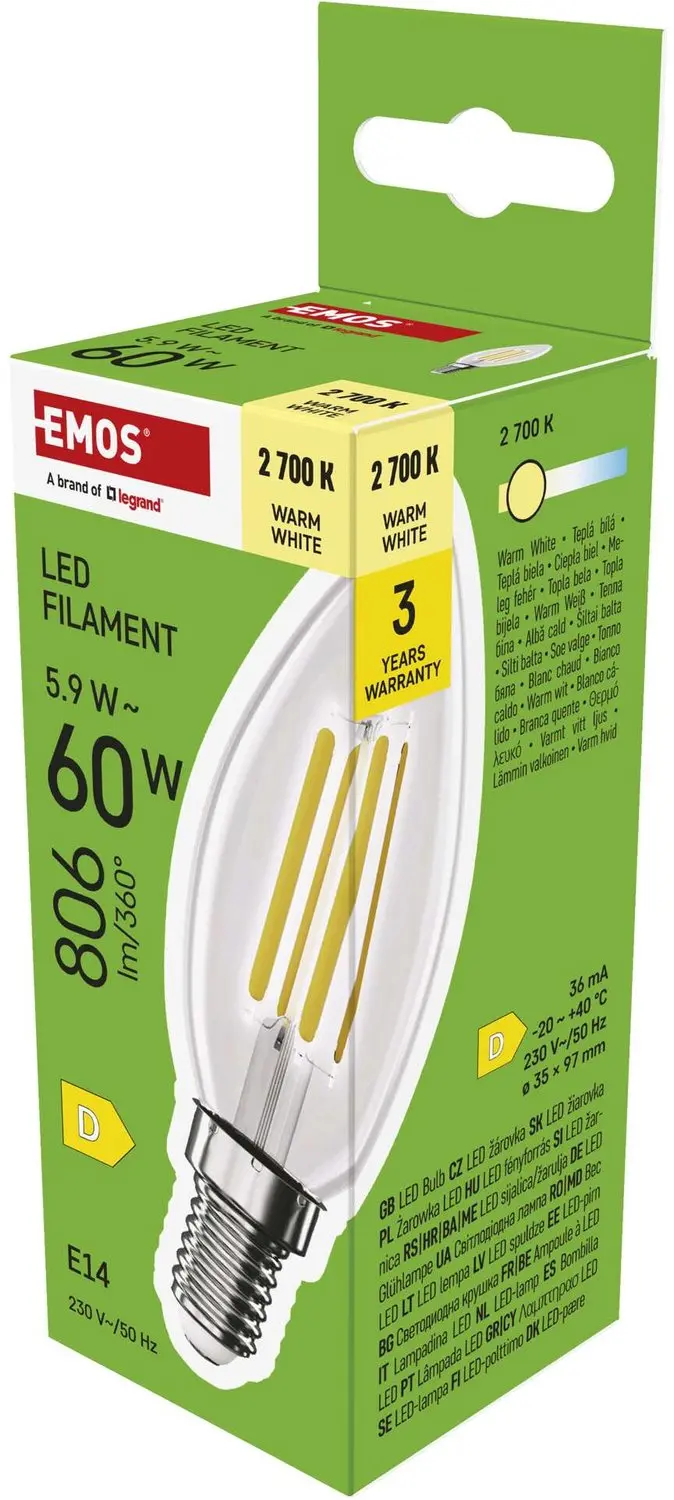 EMOS LED-lamp Filament kaarsvormig / E14 / 5,9 W (60 W) / 806 lm / warm wit, ZF3
