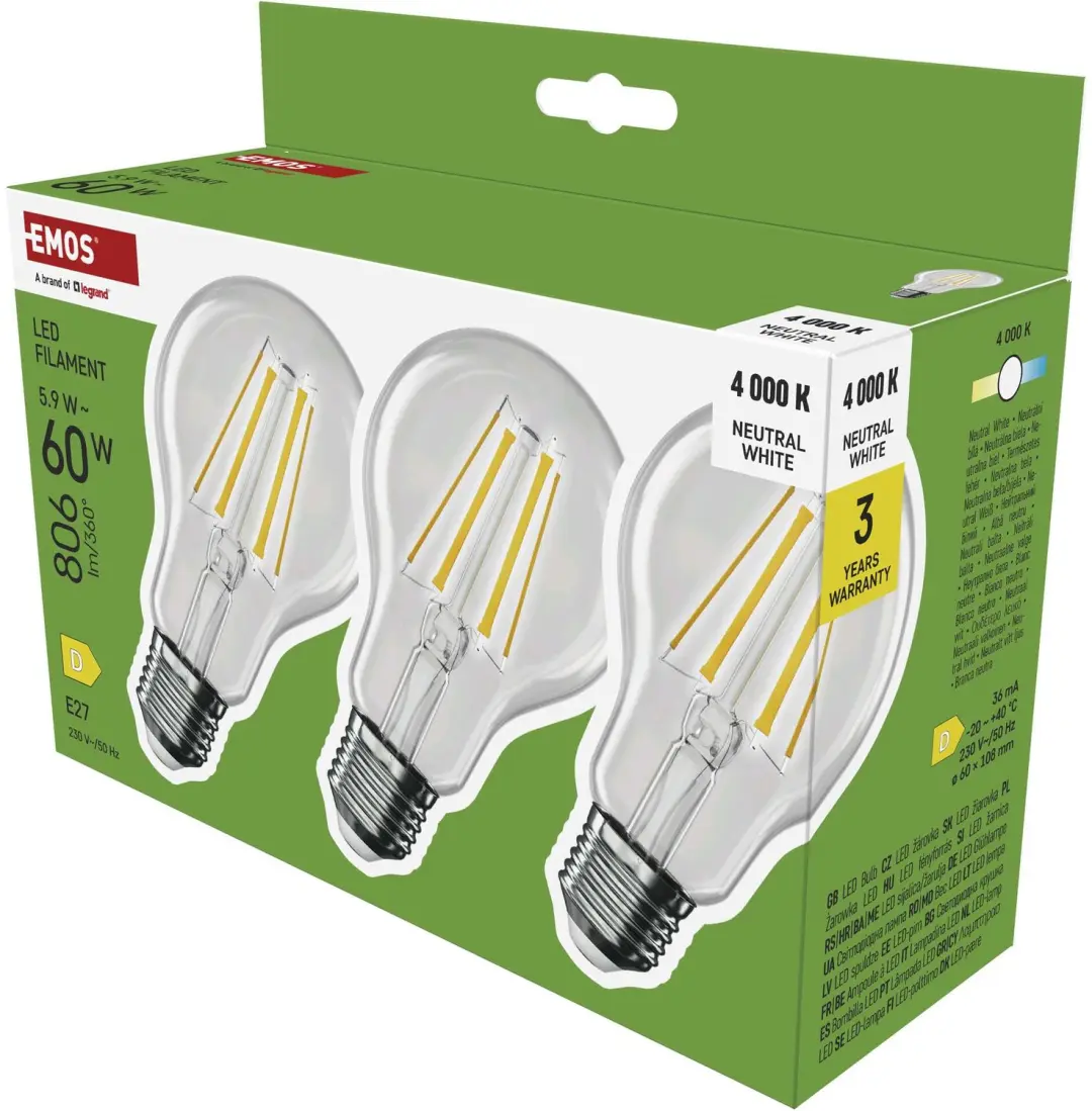 EMOS LED-lamp Filament A60 / E27 / 5,9 W (60 W) / 806 lm / Neutraal wit / 3 stuk