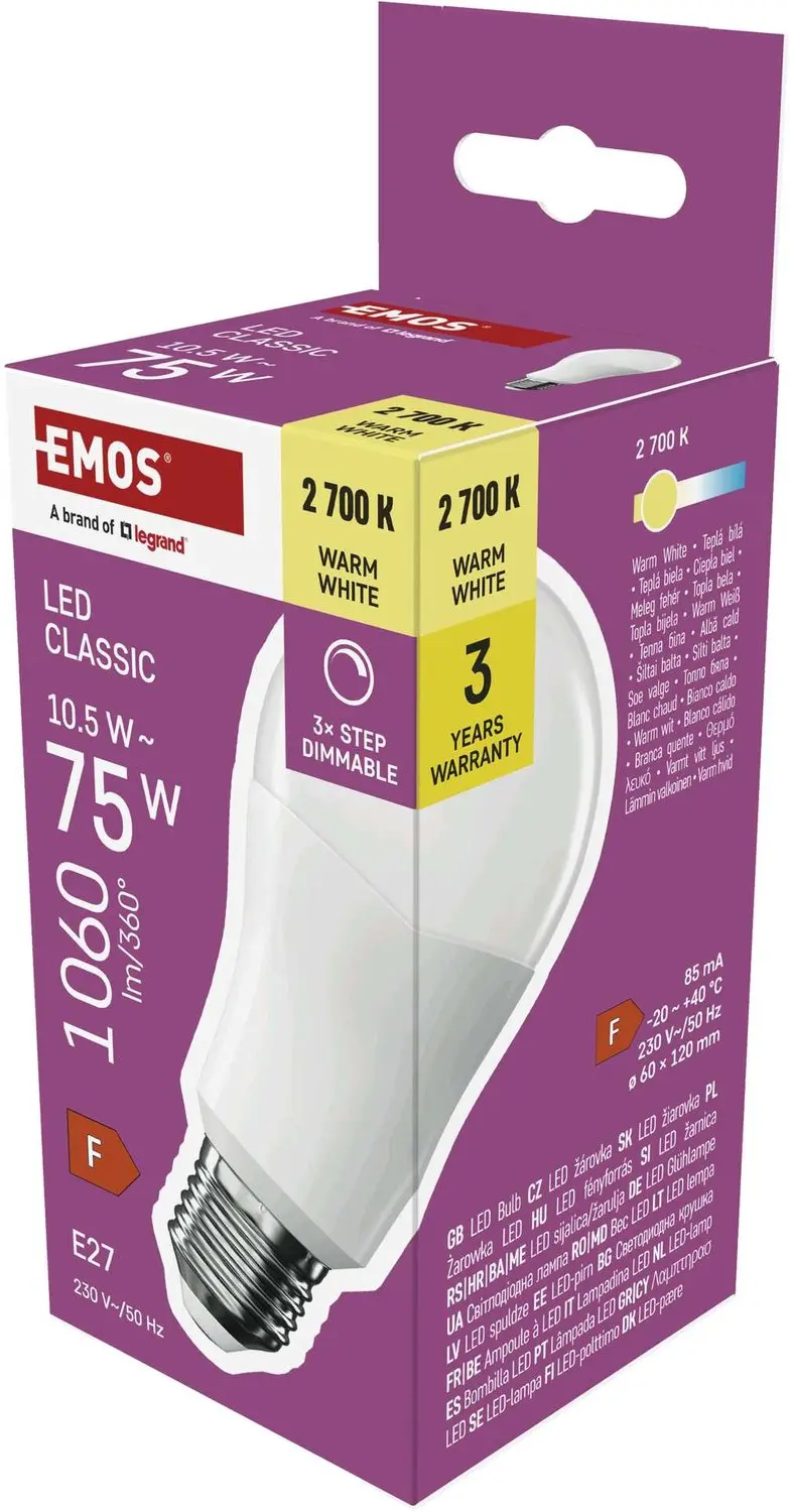 EMOS LED-lamp Classic A60 / E27 / 10,5 W (75 W) / 1 060 lm / warmwit / traploos