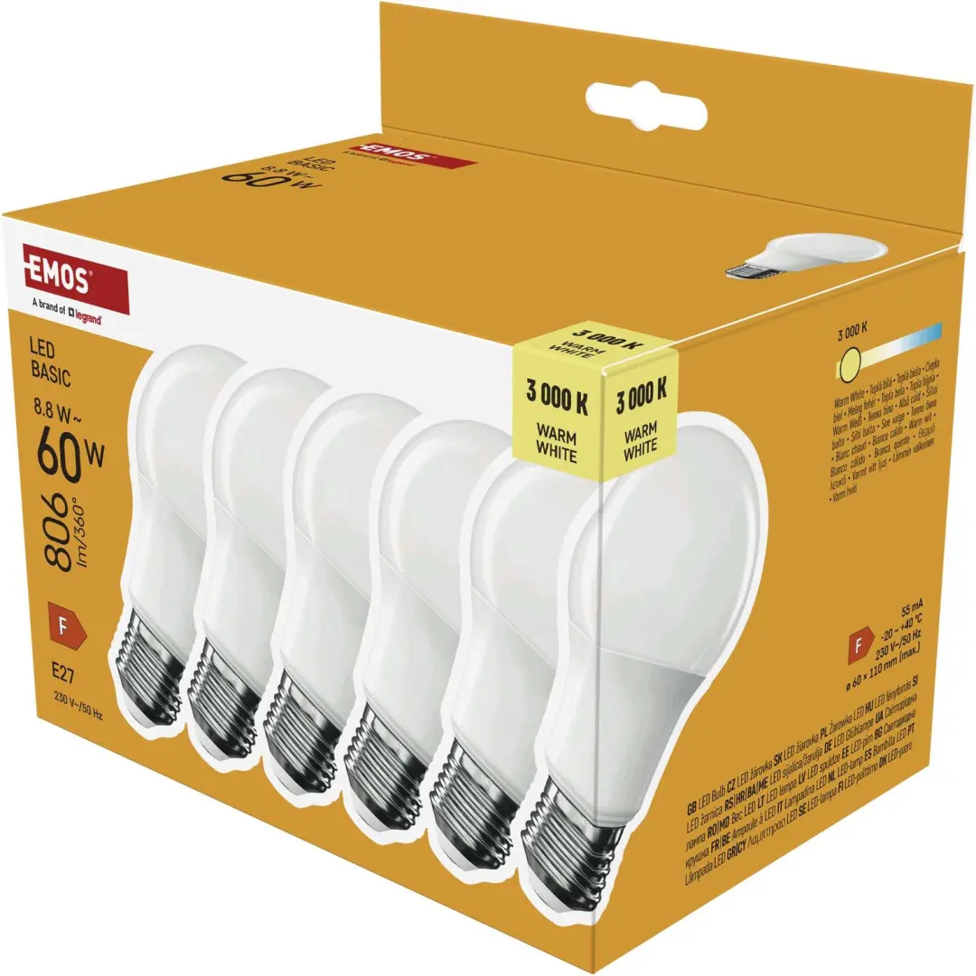 EMOS LED-lamp Basic A60 / E27 / 8,8 W (60 W) / 806 lm / warm wit / 6 stuks, ZL5F